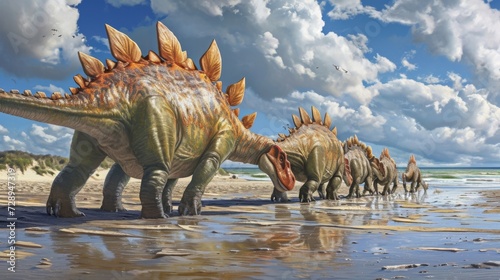 A group of Stegosaurs recognizable by their plated backs searching for tasty sea gr poking through the sand. photo