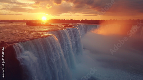 The powerful flow of Niagara Falls  viewed from the edge  with the sun setting behind it