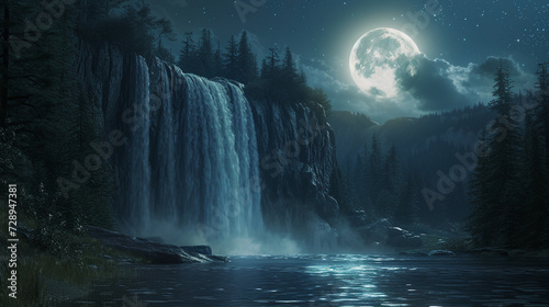 A moonlit waterfall in a remote forest  with the moon s reflection shimmering in the pool below