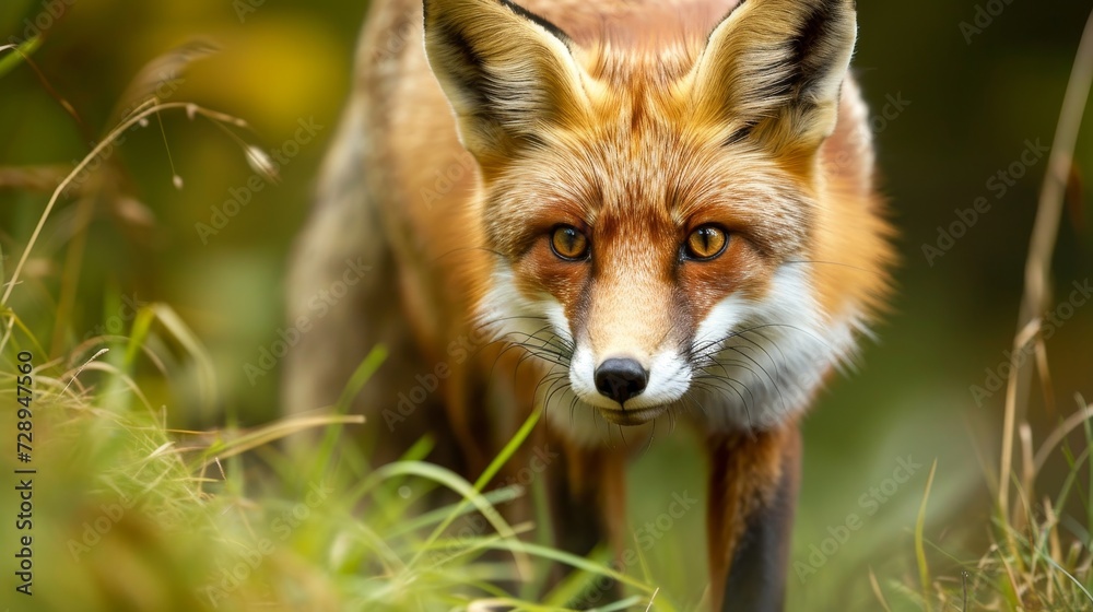 Fototapeta premium Close-up of a red fox hunting and stalking its prey, its keen eyes locked on the target, Ai Generated.
