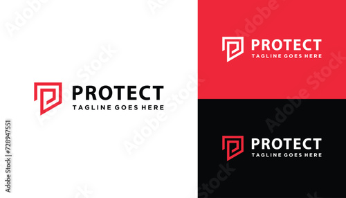 Initial Letter P Monogram with Protection Shield Line Art Logo Design