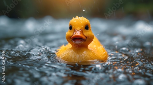 Close-up of a rubber duck floating on water, its cheerful presence brightening the scene, Ai Generated.