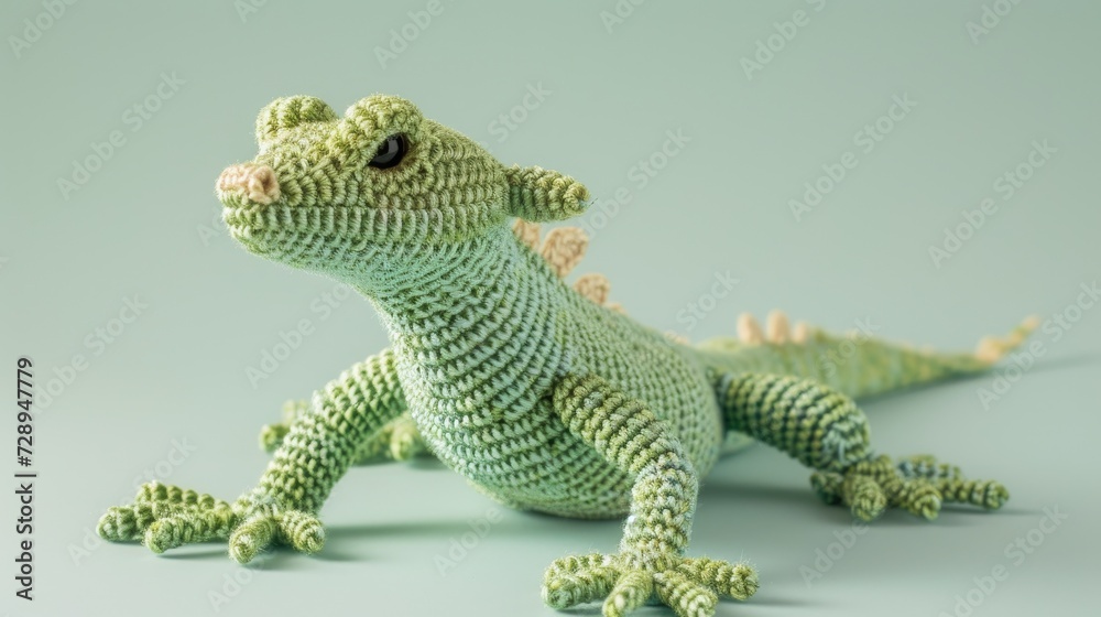 Fototapeta premium Crocheted lizard toy vibrant backdrop, handcrafted and adorable, Ai Generated