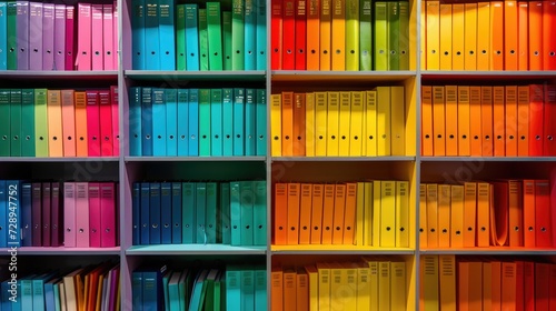 Organize your books in style with this vibrant rainbow folder bookshelf. Ai Generated