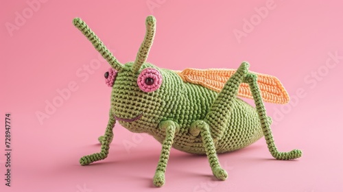 Crocheted grasshopper toy vibrant backdrop, handcrafted and adorable, Ai Generated © Crazy Juke
