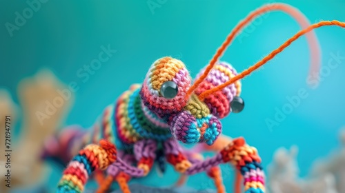 Crocheted mantisshrimp toy vibrant backdrop, handcrafted and adorable, Ai Generated