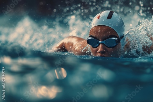 Female swimmer in cap and goggles swimming butterfly stroke style in pool. © Aner