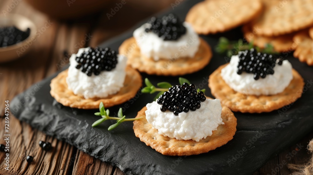 crackers topped with creamy cheese and adorned with black caviar, Ai Generated. crackers topped with creamy cheese and adorned with black caviar, Ai Generated.
