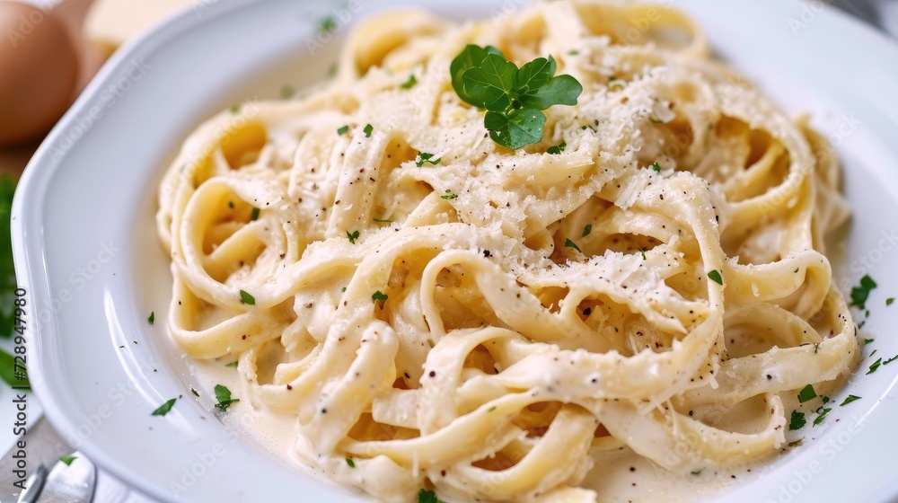 Creamy pasta adorned with Parmesan cheese, an irresistible delight, Ai Generated. Creamy pasta adorned with Parmesan cheese, an irresistible delight, Ai Generated.