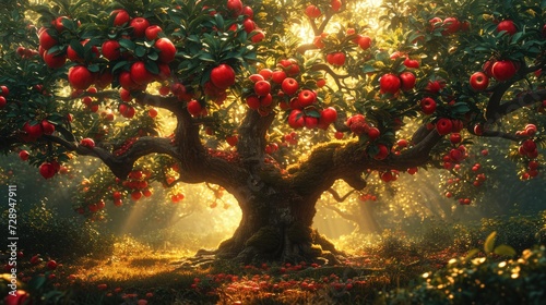 Lush tree bearing crisp apples in an orchard, surrounded by nature's beauty, Ai Generated.