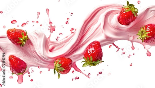 Floating yoghurt swirl with strawberries isolates background.