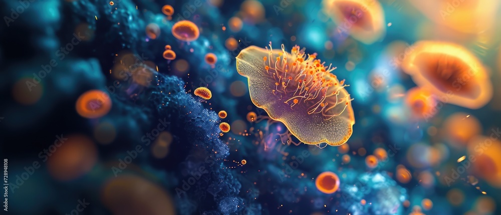 Naklejka premium Biotechnology illumination explores fungus-like organisms or cells emitting light, a bio-luminescent marvel, Ai Generated.