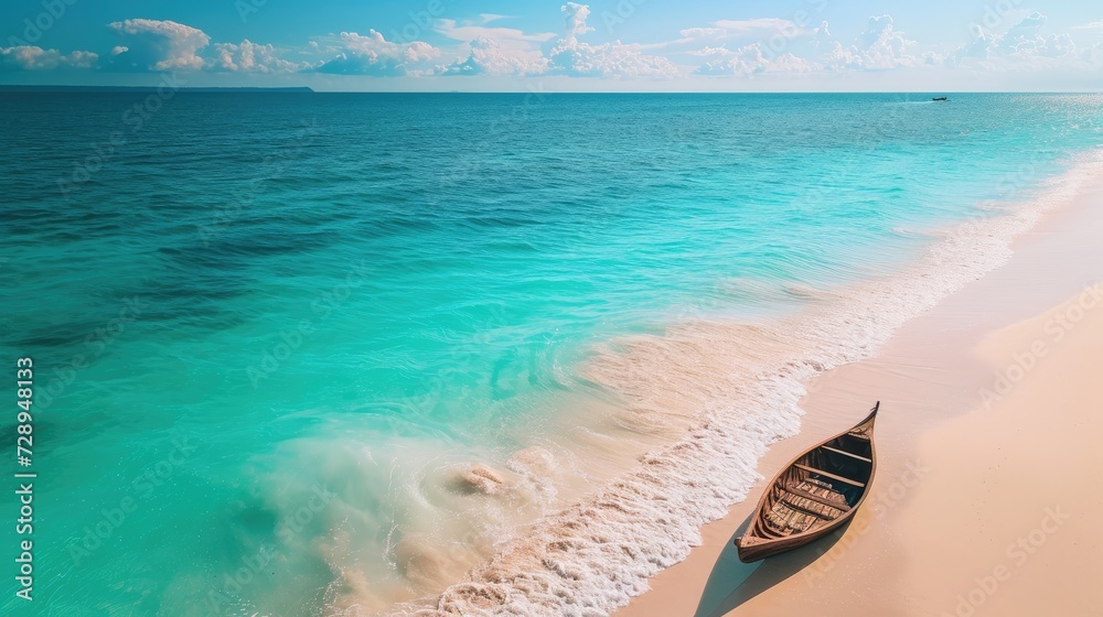 A canoe rests on a tropical sandy beach, embodying the essence of a tranquil escape, Ai Generated.