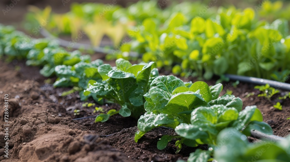 Close-up of a water-efficient drip irrigation system in an organic salad garden, fostering sustainability, Ai Generated. Close-up of a water-efficient drip irrigation system in an organic salad garden, fostering sustainability, Ai Generated.