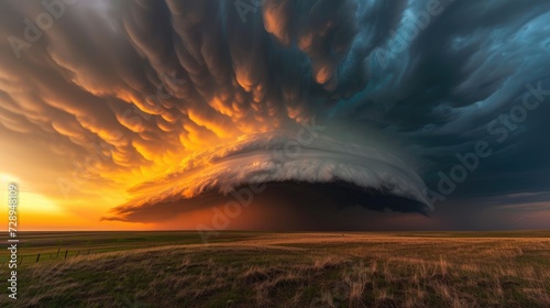 A beautifully structured supercell thunderstorm against a mesmerizing sunset sky, atmospheric drama unfolds, Ai Generated. © Crazy Juke
