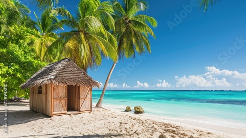 A beautiful wooden hut on a Caribbean beach with turquoise water and palm trees, Ai Generated.