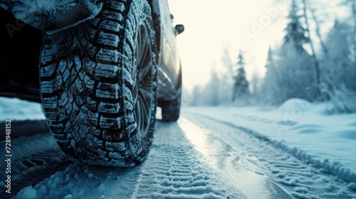 Close-up detail of a car with focused tires in a snowy winter landscape, a frosty scene, Ai Generated. © Crazy Juke