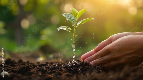 Close-up of a hand holding water, nurturing a young tree at sunset, fostering growth, Ai Generated.