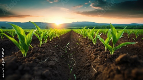 Agricultural shot showcases rows of young corn plants thriving in a vast field with fertile soil, Ai Generated