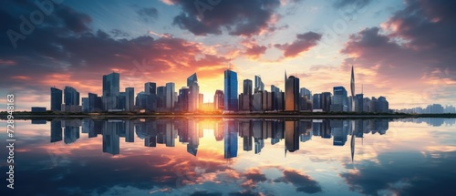 Modern skyscrapers reflect in calm river waters near a bridge under a cloudy sunset sky, Ai Generated