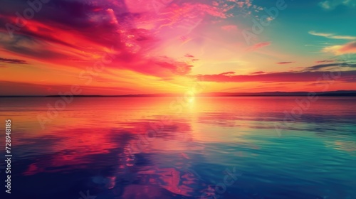 Vibrant sunset casts a colorful glow over a serene lake  a tranquil scene  Ai Generated