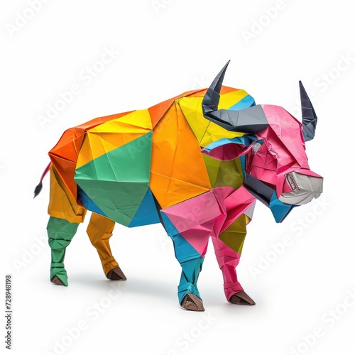 Colorful Origami buffalo, Unique Paper Polygon Artwork, Ideal Pet Concept, Ai Generated