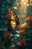 Delicate butterfly flutters amidst lush foliage, its vibrant wings a kaleidoscope of colors, Ai Generated.