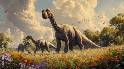 A family of Apatosaurus gather in a field of wildflowers their gentle munching creating a symphony of rustling leaves. © Justlight