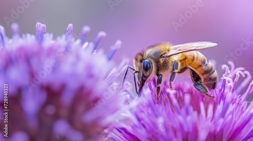 Close-up macro shot captures a bee collecting nectar from a purple wildflower, Ai Generated. © Crazy Juke