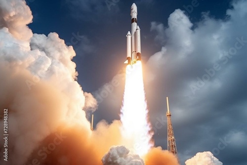 Spacecraft launches into sky, carrying Earth. Rocket ascends, symbolizing success. Generative AI