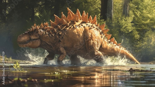 A spiky stegosaurus lets out a gentle roar as it cools off in the cool waters of the lake its sharp plates glistening in the sunlight. © Justlight