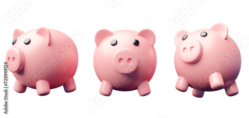 Photos 3D rendered illustration of piggy bank icon in 3 poses, isolated on transparent background