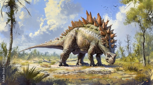 A stegosaurus using its spiked tail as a defense mechanism while grazing on vegetation in the open savanna. © Justlight