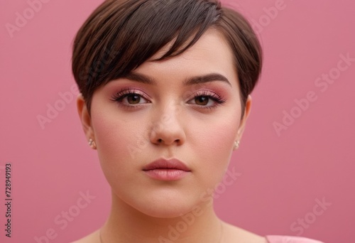 close-up shot of a young, chubby female model with short hair, her face adorned with subtle makeup, as she gazes directly into the camera. The backdrop is a bold shade of pink