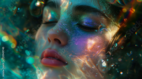 A beautiful moment captured as a woman  her eyes closed in bliss  is surrounded by a whimsical bubble of glittery magic
