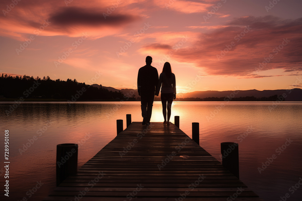 A man and a woman are standing together on a dock, bathed in the warm glow of a sunset.