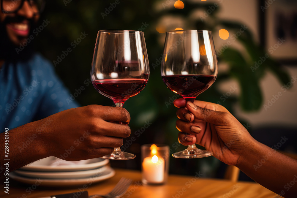 A couple of people enjoying a moment as they hold wine glasses in their hands.
