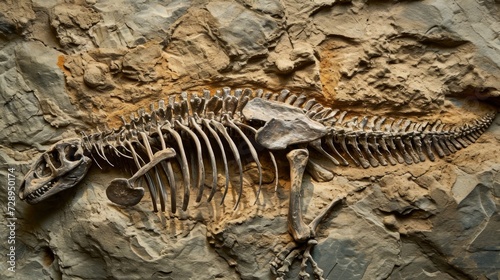A fossilized ribcage of a hadrosaur with multiple fractures possibly caused by a traumatic injury or disease weakening the bones.