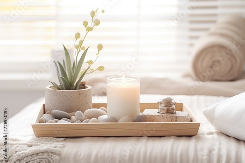 A tray placed on a bed with rocks and a lit candle for decorative purposes.