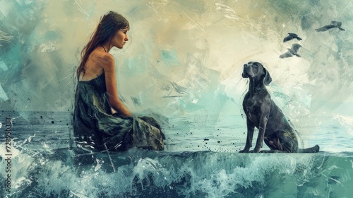 A woman and dog sitting by the ocean