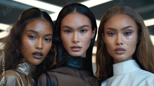 Three beautiful female models standing next to each other at a fashion ad show, different ethnicity symbolizing diversity equality and equity. Generative AI.
