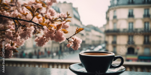 Cup of Coffee on a table in cafe outdoor and cherry blossom in Paris, France. Spring Coffee. Coffee and Flowers photo