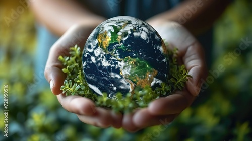 Earth is on hand, grass, leaf, The globe has maps on it and environmental map. green grass and plants in hands. care about nature and ecology. save our planet. Generative AI.
