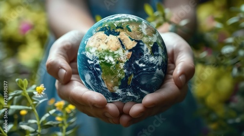 Earth is on hand, grass, leaf, The globe has maps on it and environmental map. green grass and plants in hands. care about nature and ecology. save our planet. Generative AI.