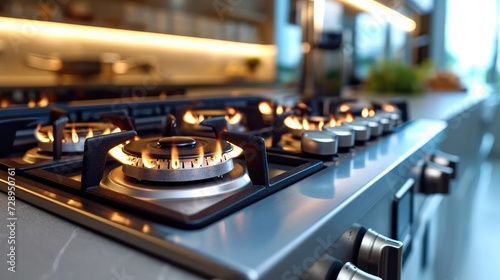 A stove cook with blue flames burning, modern gas stove in a modern kitchen. Generative AI.