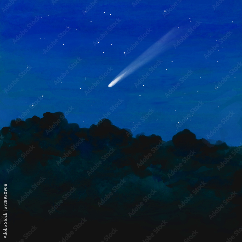 夜空をかける彗星の水彩イラスト 夜空をかける彗星の水彩イラスト