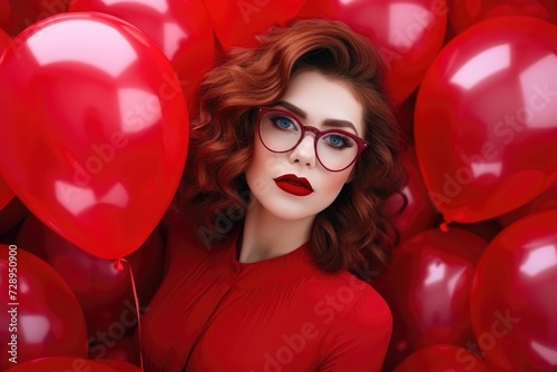 In this photo, a woman wearing glasses and red lipstick stands amidst a collection of red balloons.