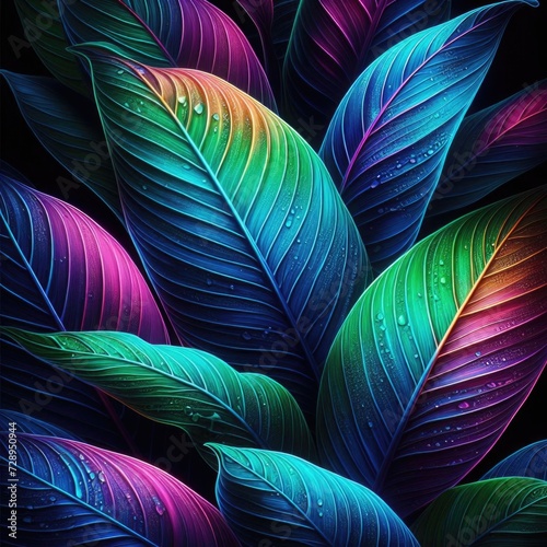 close-up view of tropical leaves that are illuminated with vibrant  multi-colored lighting. Each leaf is distinctly outlined and detailed  showcasing the natural patterns and textures of the foliage