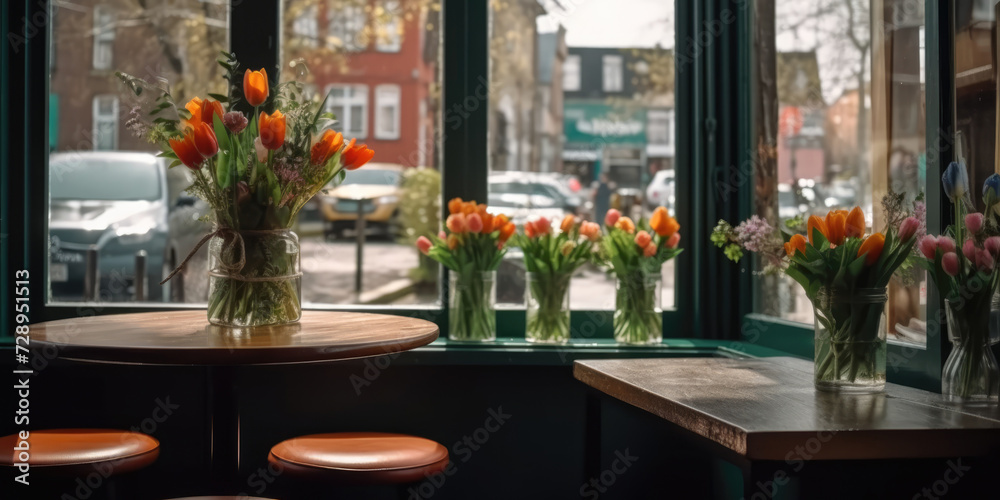 Tulips in a vase on a table in a cafe. Spring flowers in interior