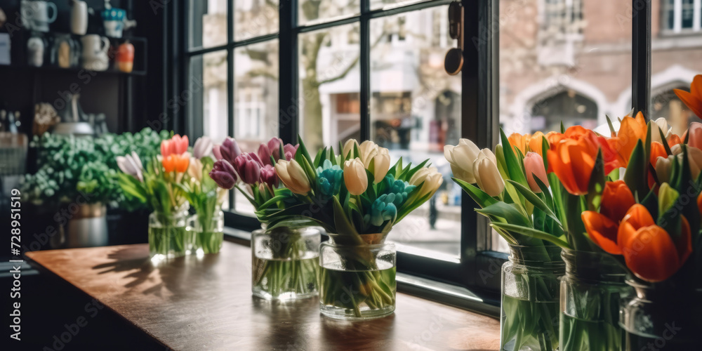 Bouquets of colorful tulips in vases on a table in cafe against the background of the window. Springtime in Amsterdam, Netherlands. Spring Flowers in interior Bouquets of colorful tulips in vases on a table in cafe against the background of the window. Springtime in Amsterdam, Netherlands. Spring Flowers in interior